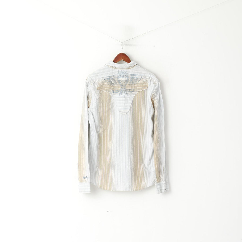 Diesel Men L Casual Shirt Blue Beige Striped Cotton Emroidered Snap Western Top