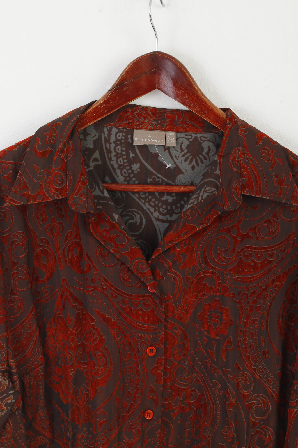 Queensway Women 50 2XL Casual Shirt Brick Vintage Single Breasted Baroque Print Top