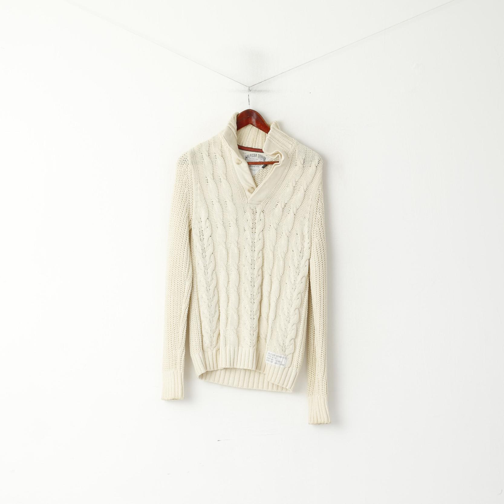 Hilfiger Denim Pull pour homme en tricot torsadé crème en coton classique uni