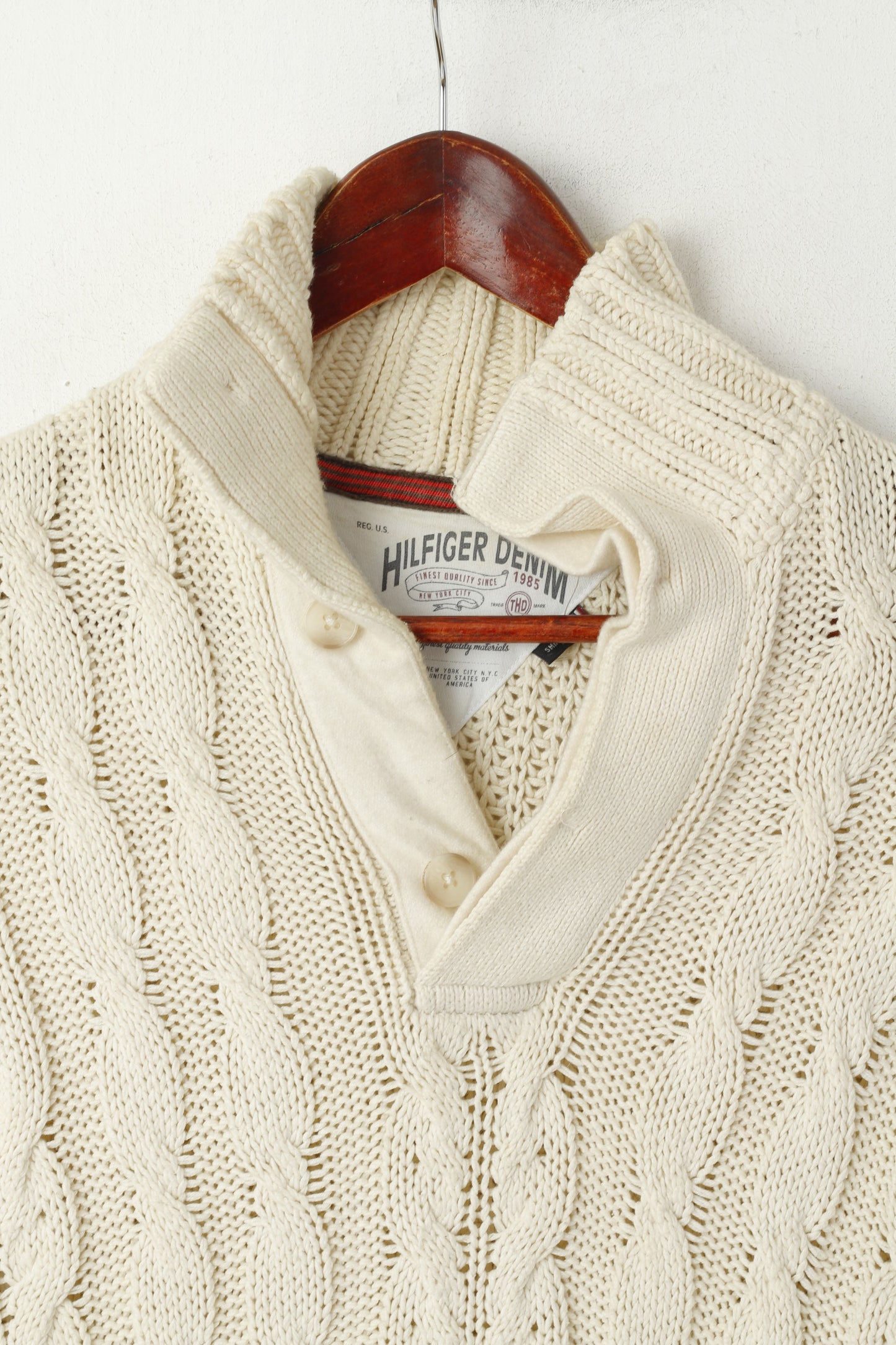 Maglione Hilfiger Denim da uomo, color crema, in cotone lavorato a maglia, classico, in tinta unita