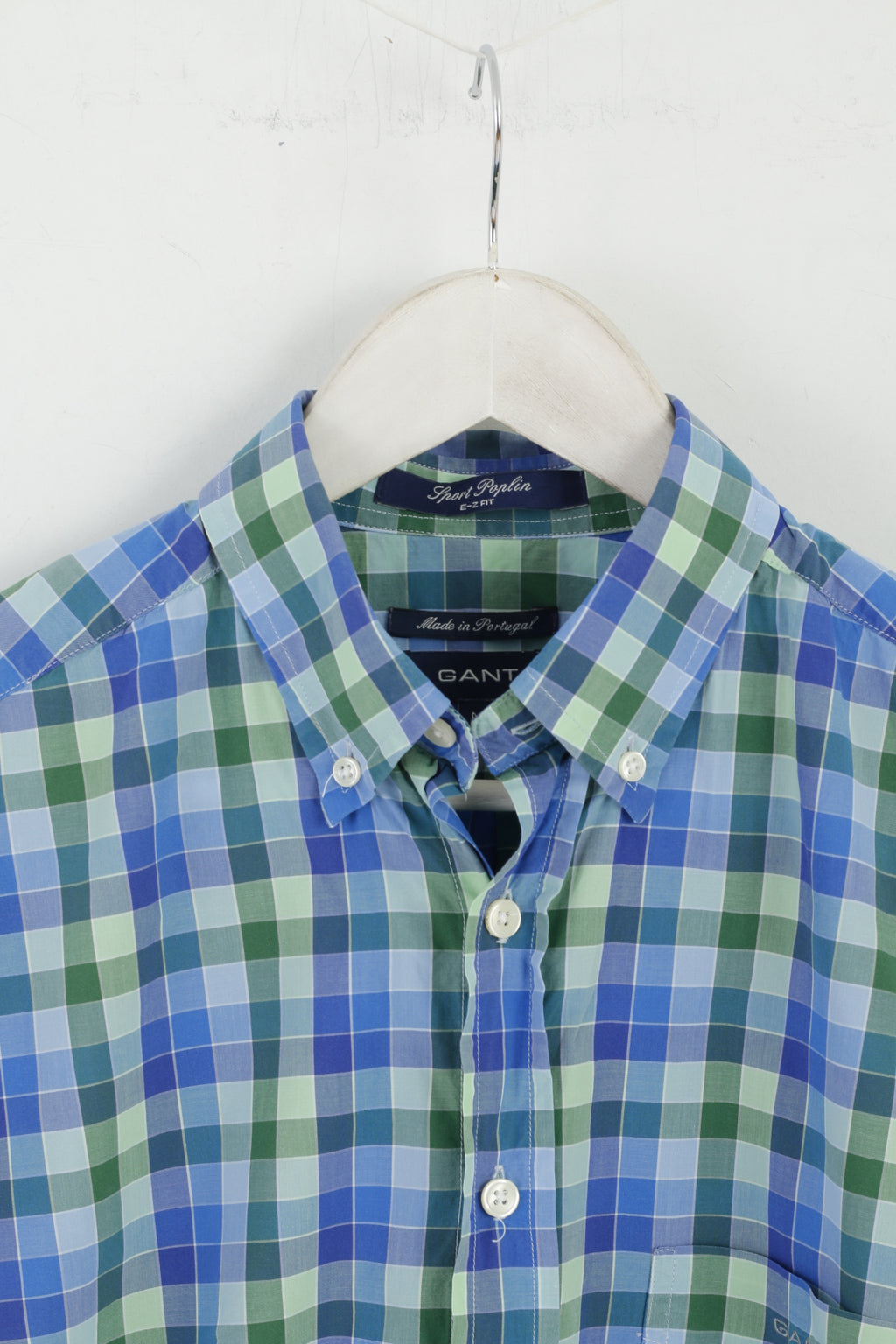 GANT Men M Casual Shirt Blue Check Sport Poplin E-Z Fir Short Sleeve Top