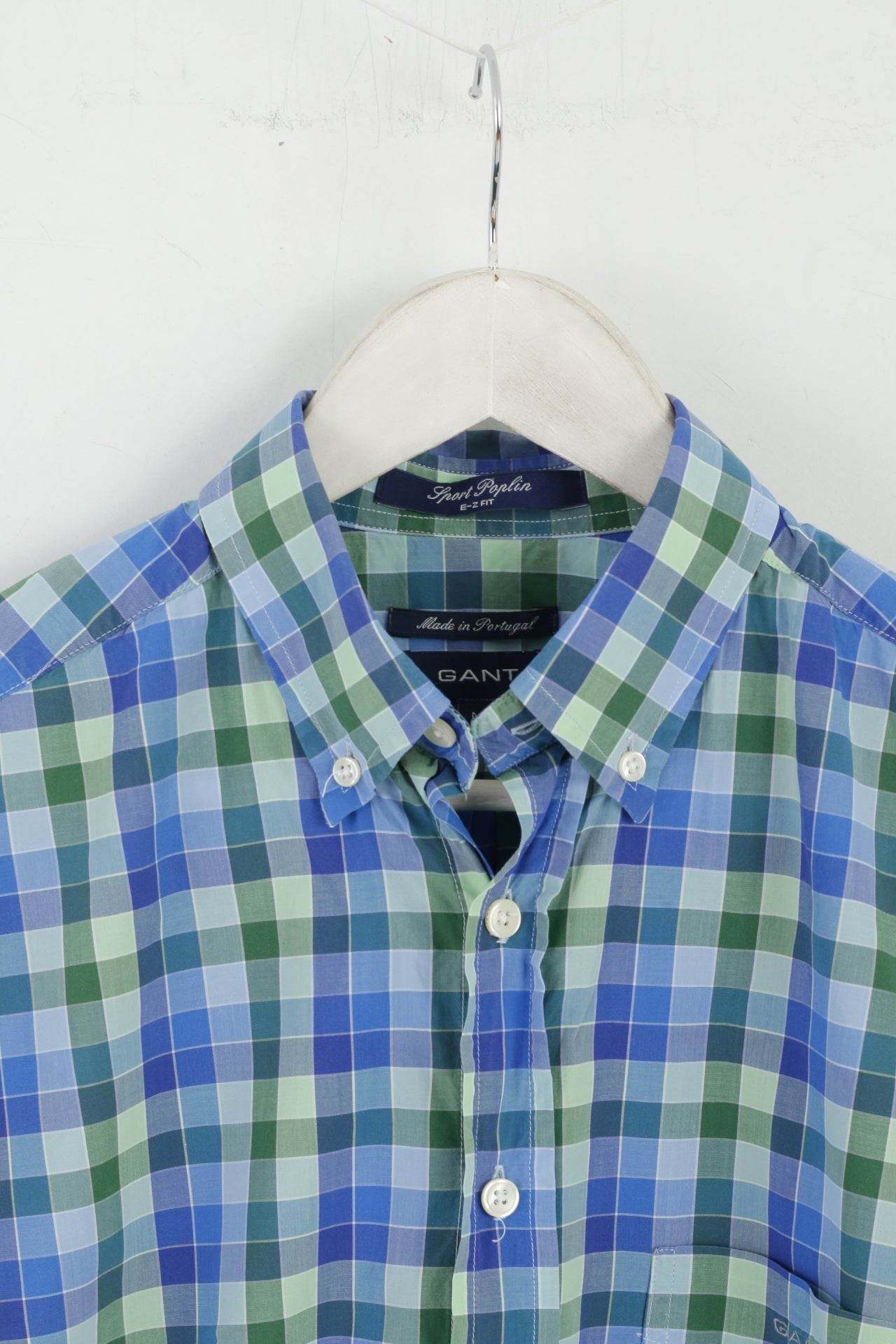 GANT Men M Casual Shirt Blue Check Sport Poplin E-Z Fir Short Sleeve Top