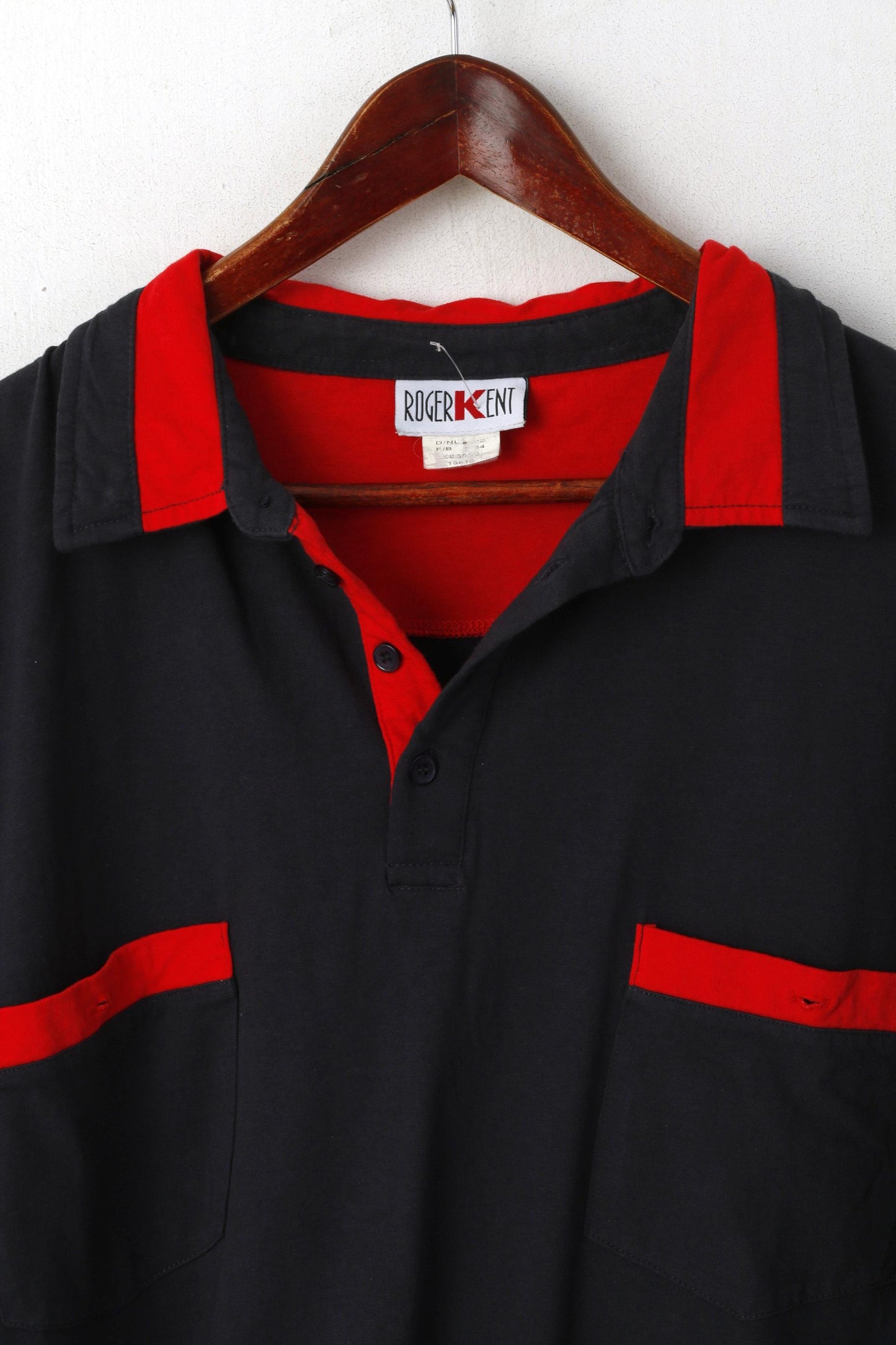 Roger Kent Men 62 XXL Polo Shirt Navy Cotton Vintage Pocket Long Sleeve Top
