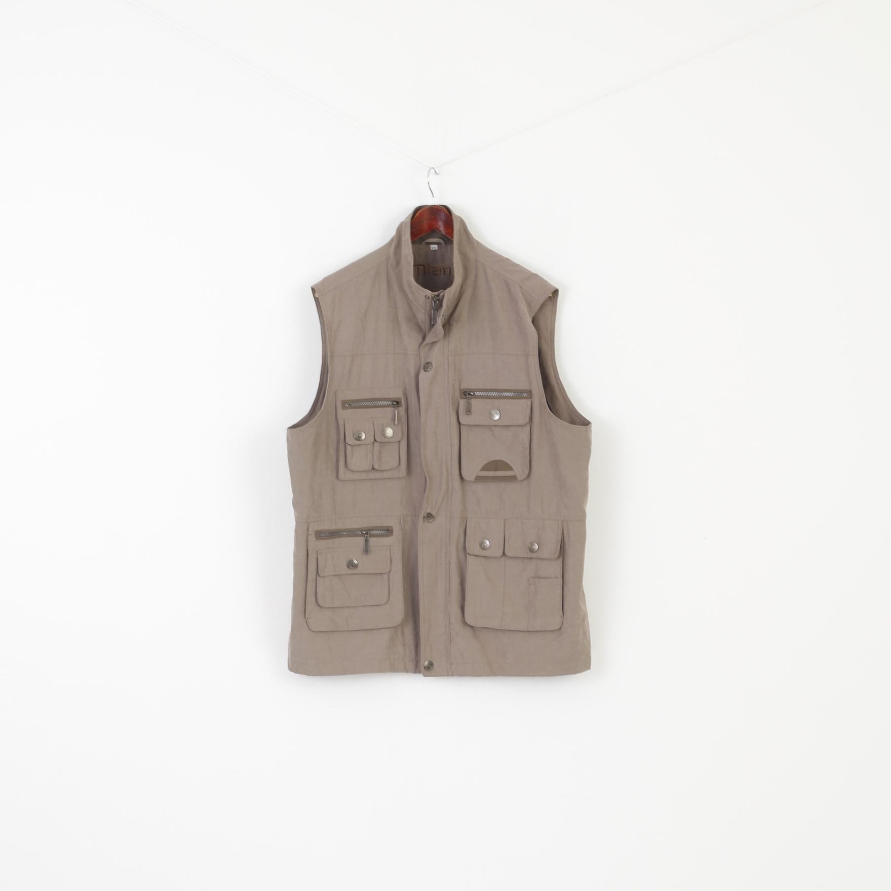 Mian Men XXL Waistcoat Khaki Hunting Fishing Outdoor Zip Up Multi Pockets Vest