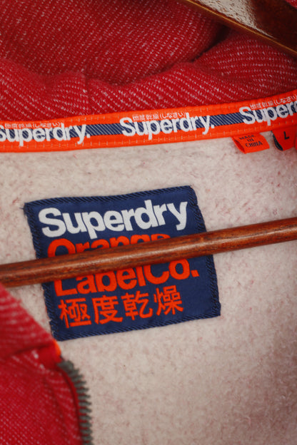 Superdry Men L Sweatshirt Red Cotton Hooded Full Zip Orange Label Top