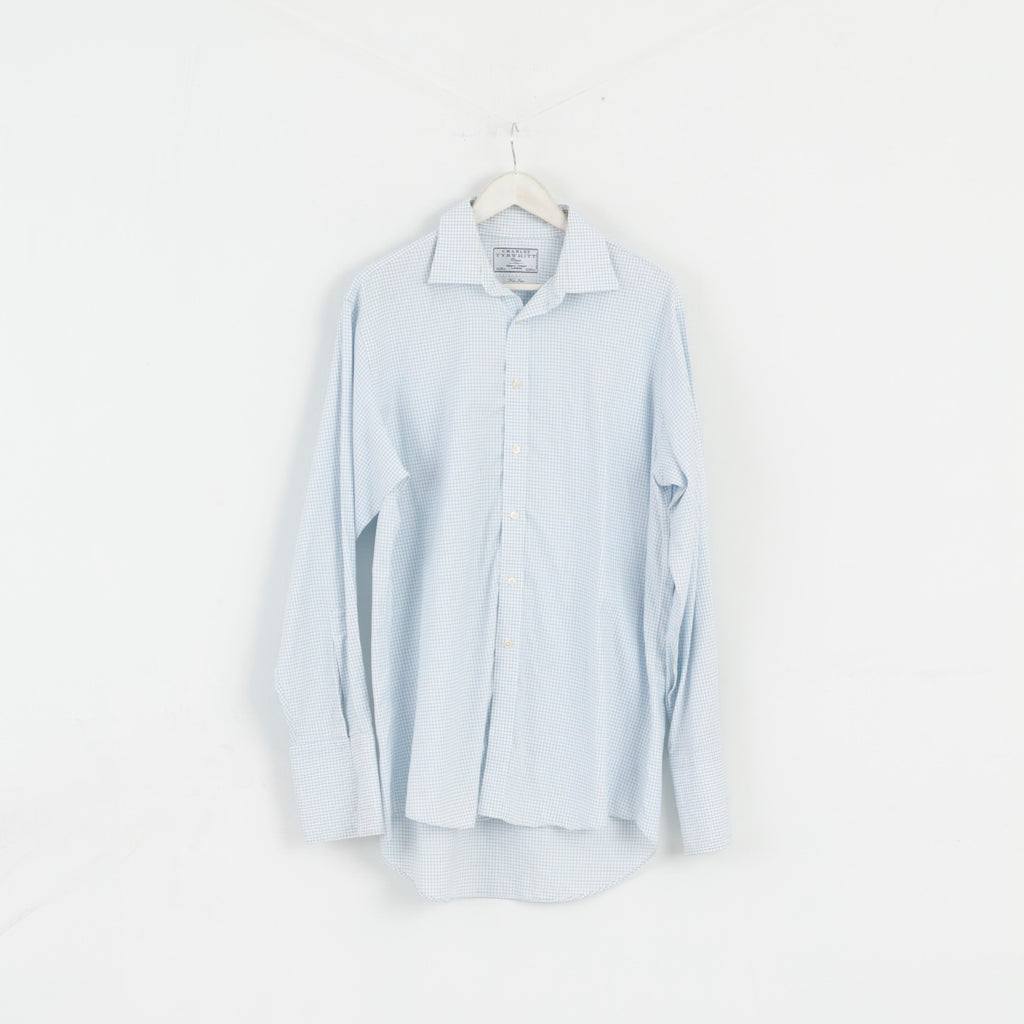 Charles Tyrwhitt Hommes 16 41 XL Chemise décontractée Blanc Bleu Carreaux Manchette Non Repassage Haut À Manches Longues