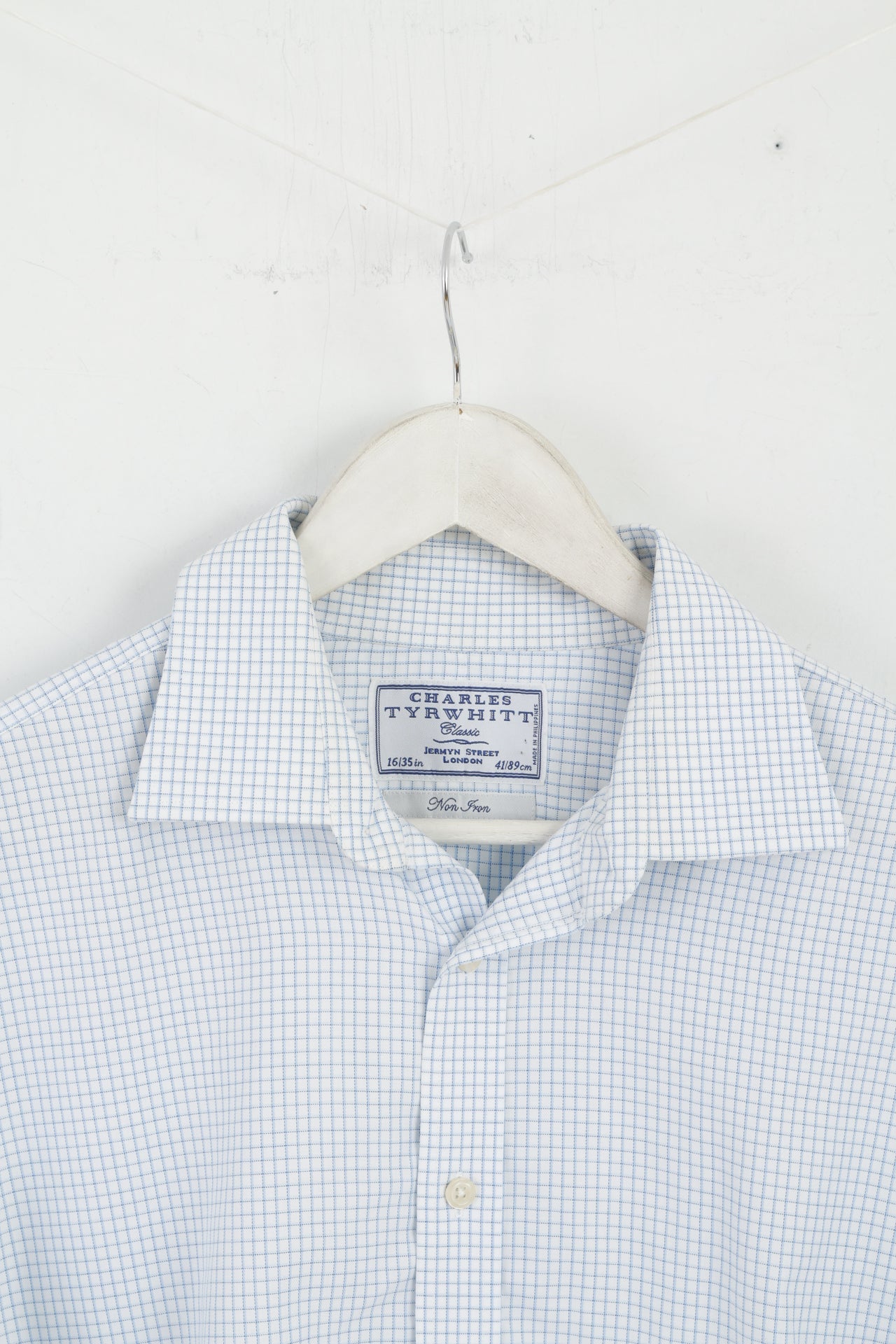 Charles Tyrwhitt Uomo 16 41 XL Camicia casual Top a maniche lunghe non stirabile con polsini a quadri bianchi e blu