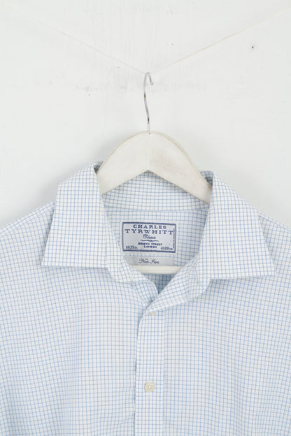 Charles Tyrwhitt Uomo 16 41 XL Camicia casual Top a maniche lunghe non stirabile con polsini a quadri bianchi e blu