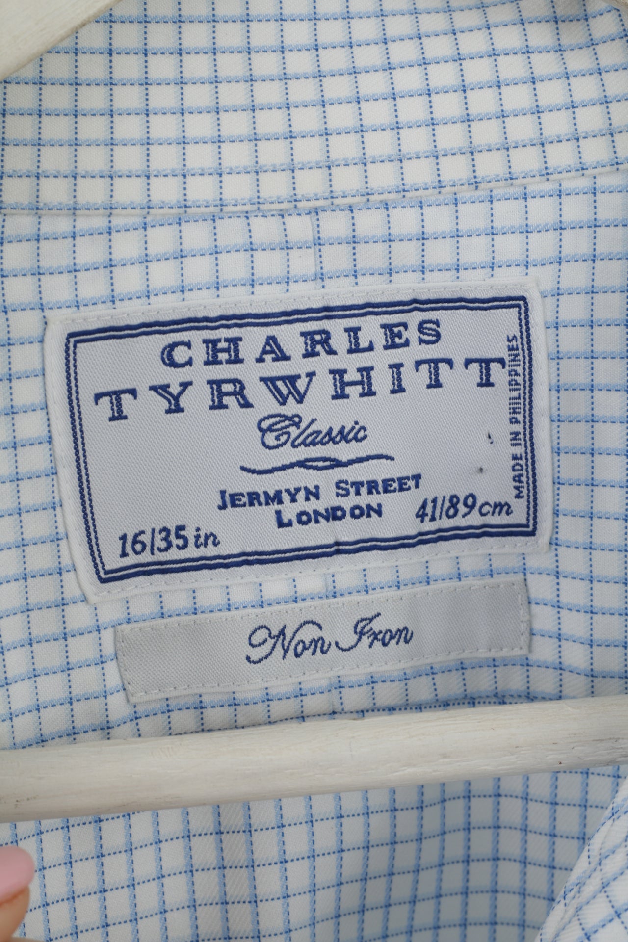 Charles Tyrwhitt Uomo 16 41 XL Camicia casual Top a maniche lunghe non stirabile con polsini a quadri bianchi e blu