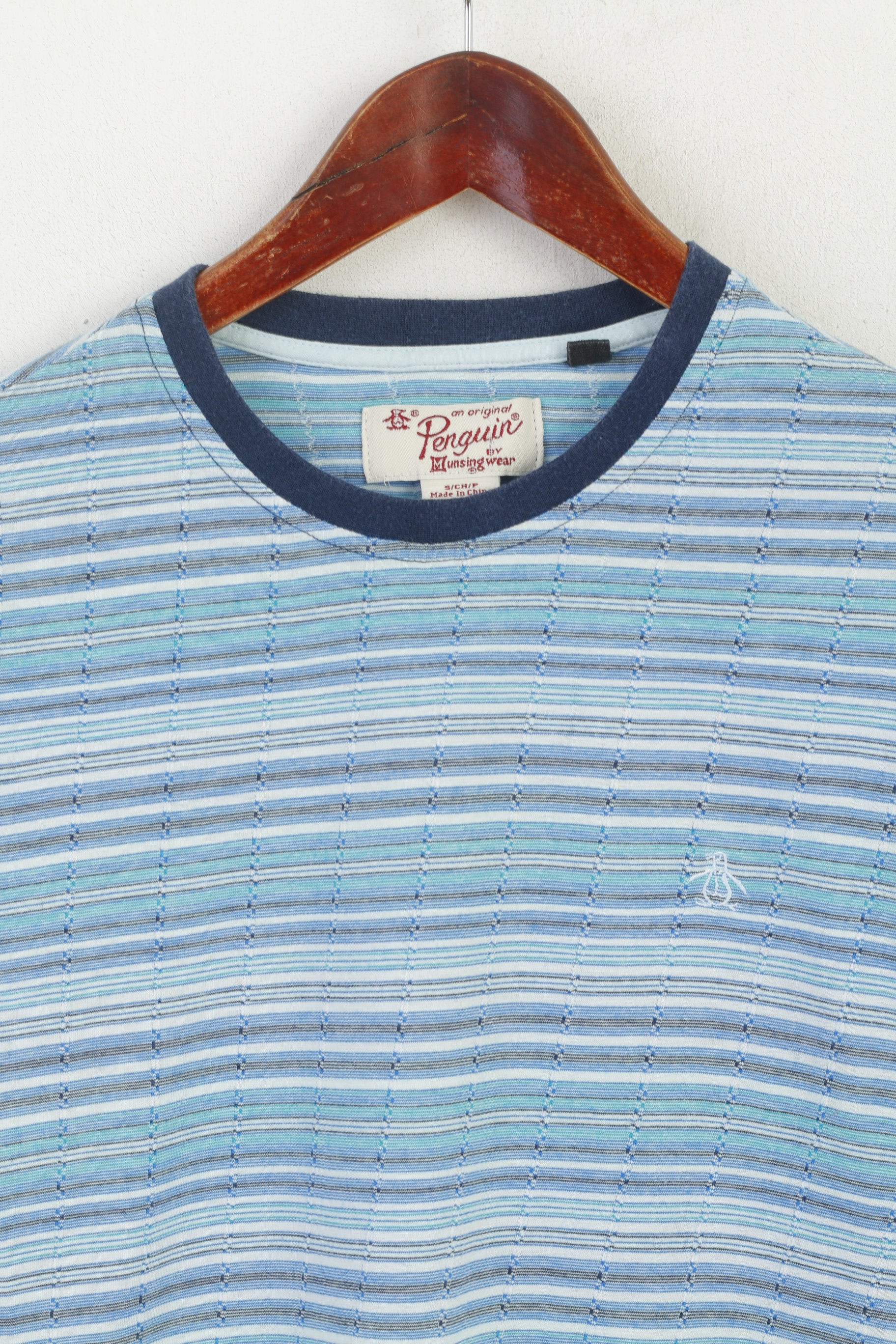 Penguin Men S (XS) Shirt Blue Cotton Striped Crew Neck Classic Top