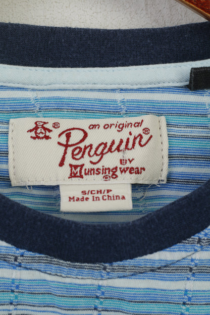 Penguin Men S (XS) Shirt Blue Cotton Striped Crew Neck Classic Top