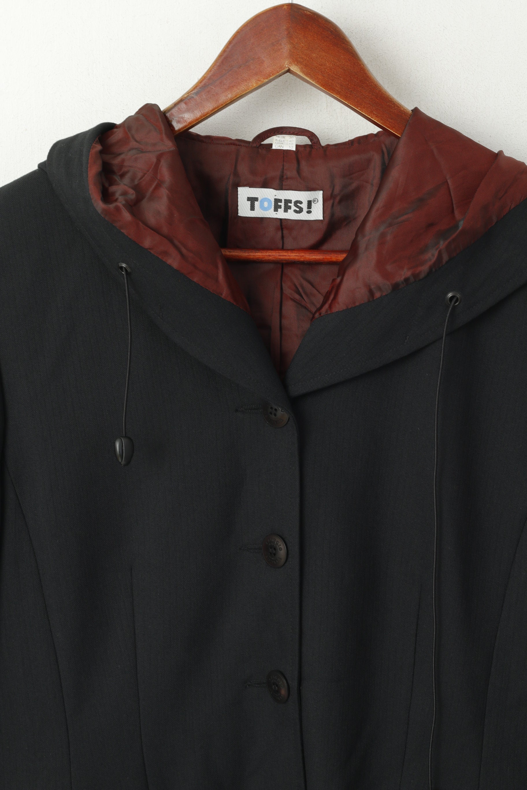 Toffs Women 12 38 M Blazer Sport Black Hooded Sport Viaggio Del Mondo Single Breasted Jacket