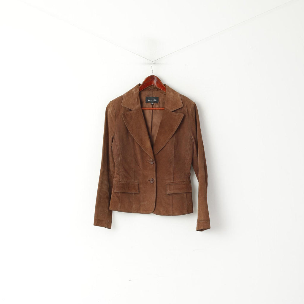 Vera Pelle Femmes 10 S Veste Marron 100% Cuir Daim Simple Boutonnage Blazer Top