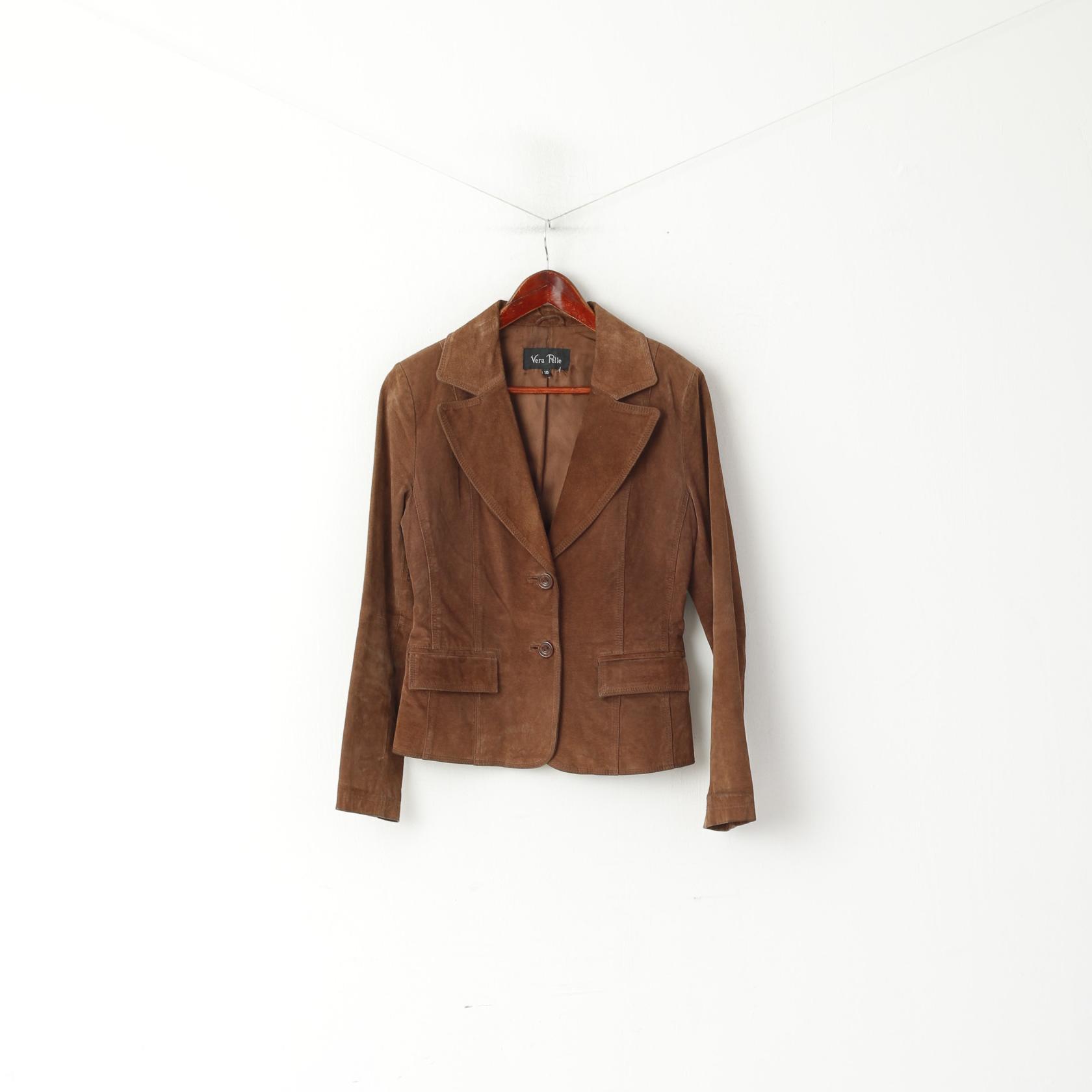 Vera Pelle Femmes 10 S Veste Marron 100% Cuir Daim Simple Boutonnage Blazer Top