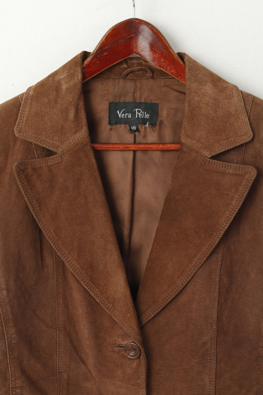 Vera Pelle Femmes 10 S Veste Marron 100% Cuir Daim Simple Boutonnage Blazer Top