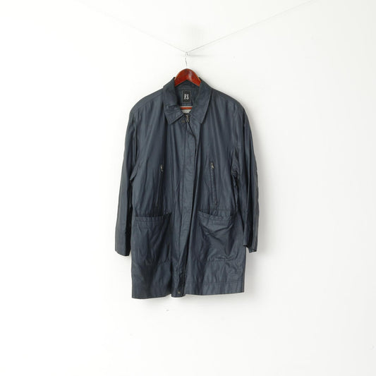 Vendo giacca da donna 16 42 XL blu scuro vintage lucido lungo con cerniera intera e spalline superiori