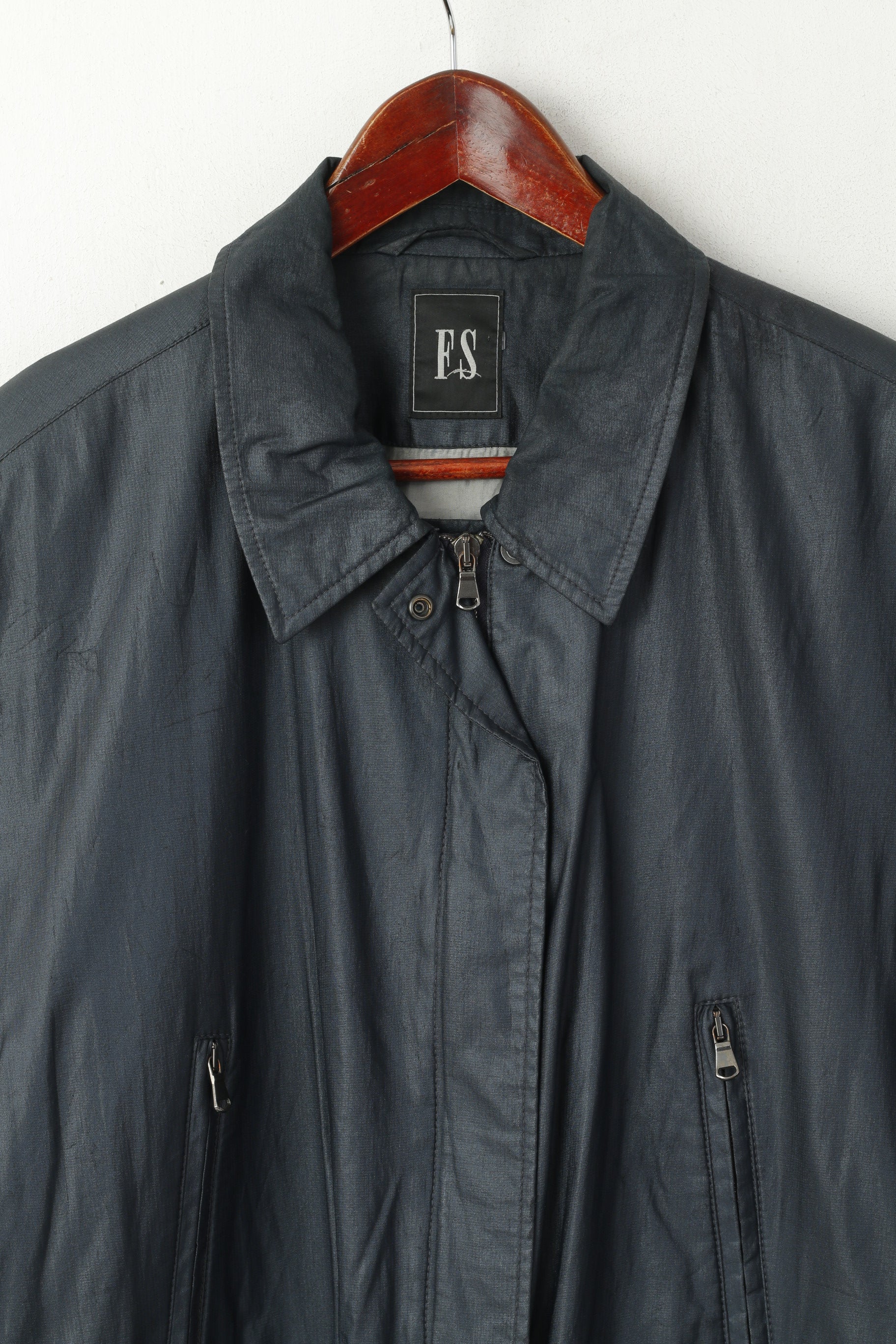 FS femmes 16 42 XL veste bleu marine Vintage brillant longue fermeture éclair complète épaulettes haut