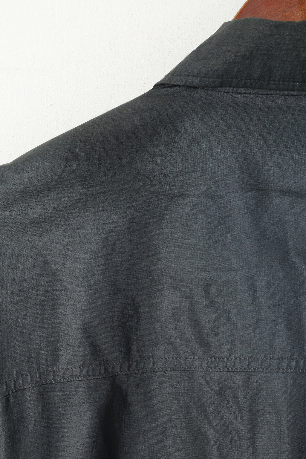 FS femmes 16 42 XL veste bleu marine Vintage brillant longue fermeture éclair complète épaulettes haut