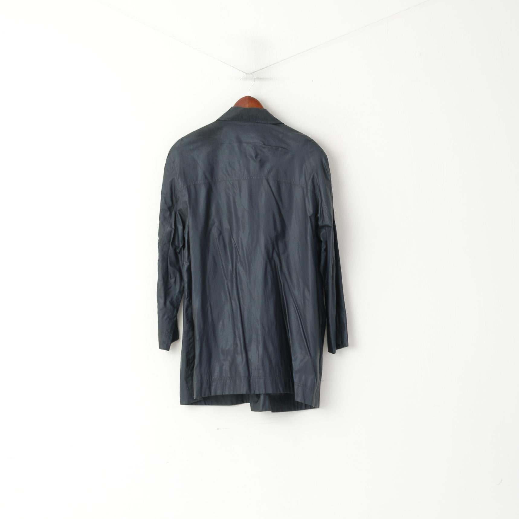 FS femmes 16 42 XL veste bleu marine Vintage brillant longue fermeture éclair complète épaulettes haut