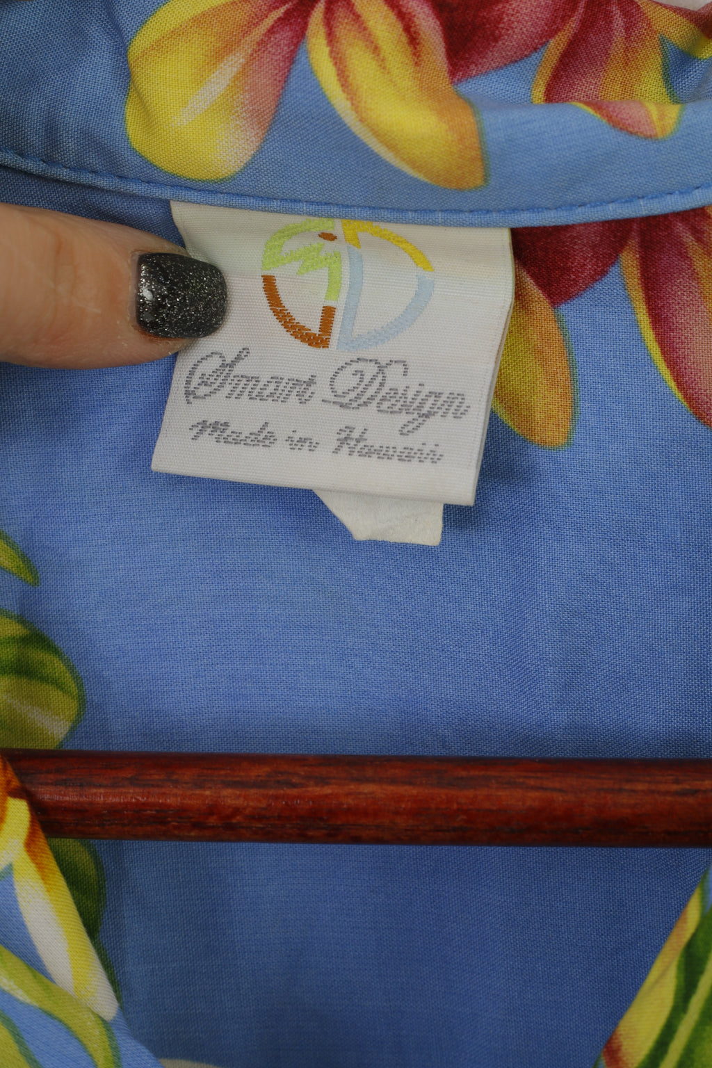 Camicia casual da uomo M dal design intelligente Top blu con stampa floreale 100% rayon Hawaii