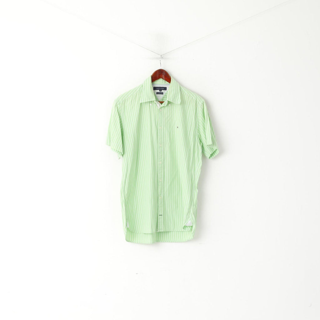 Tommy Hilfiger Men M Casual Shirt Green Cotton Striped Short Sleeve Top
