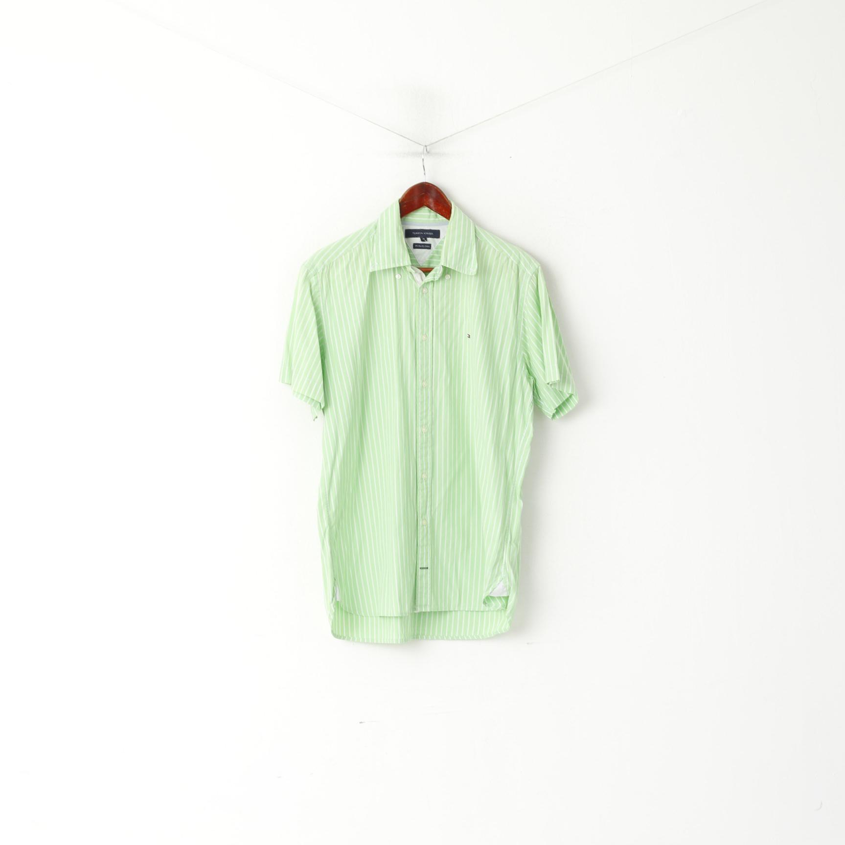 Tommy Hilfiger Men M Casual Shirt Green Cotton Striped Short Sleeve Top