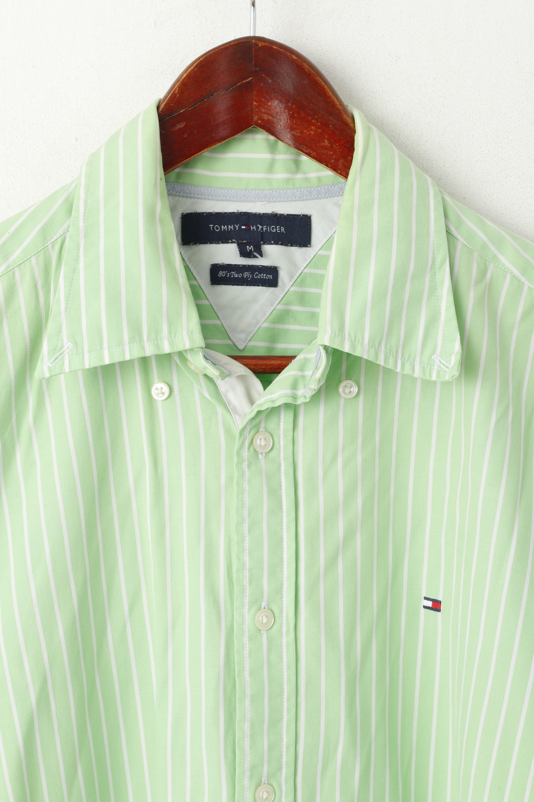 Tommy Hilfiger Men M Casual Shirt Green Cotton Striped Short Sleeve Top