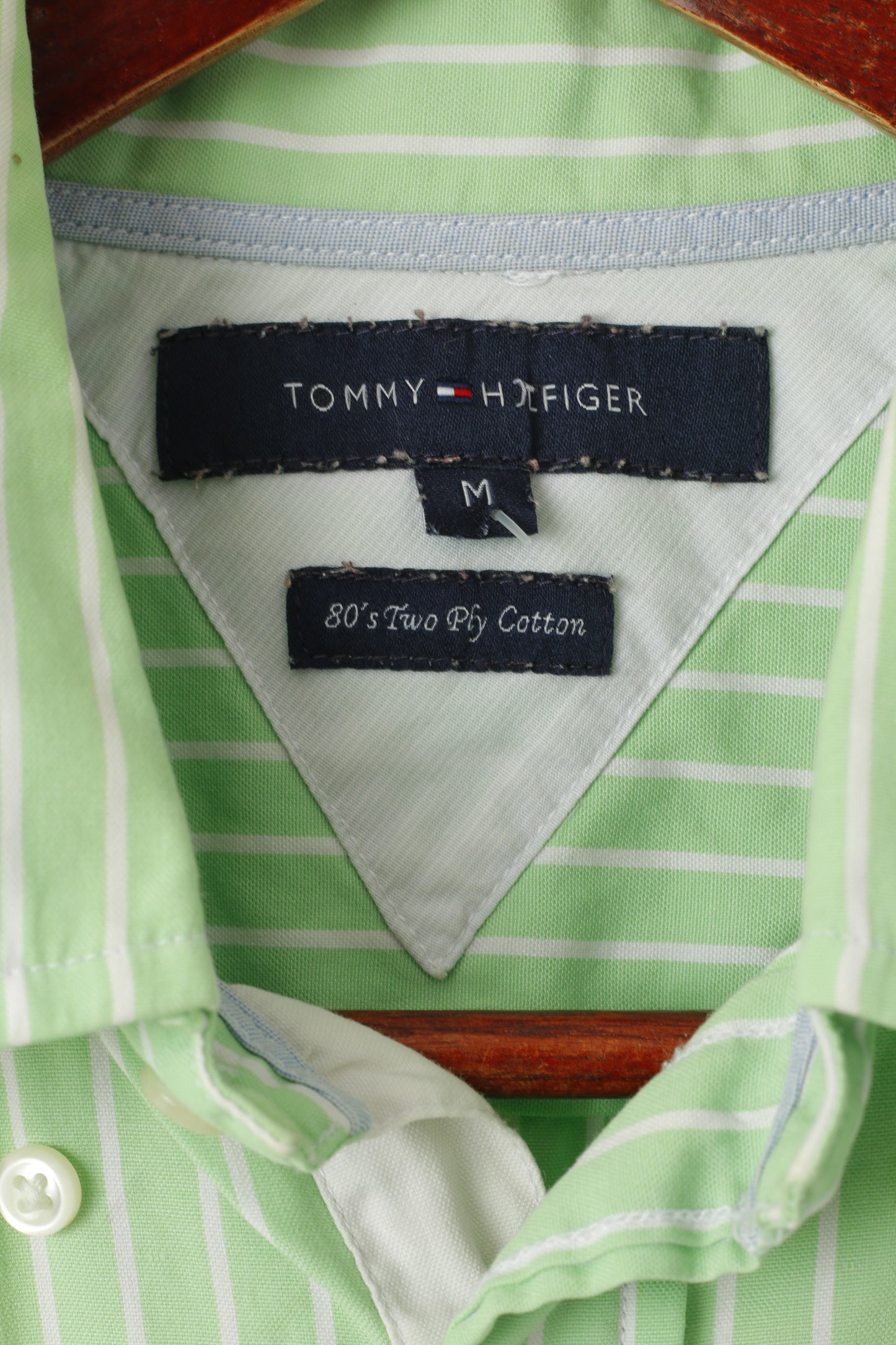 Tommy Hilfiger Men M Casual Shirt Green Cotton Striped Short Sleeve Top