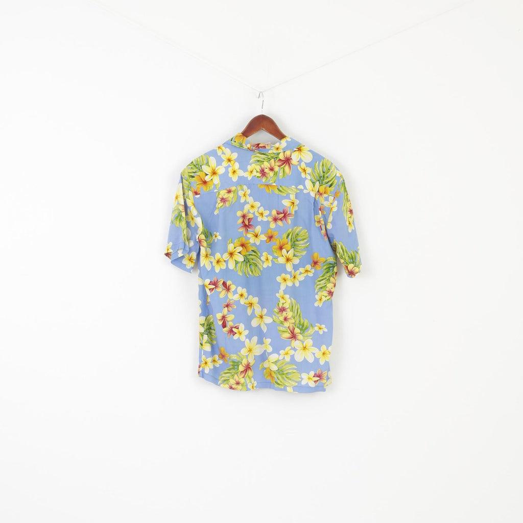 Camicia casual da uomo M dal design intelligente Top blu con stampa floreale 100% rayon Hawaii
