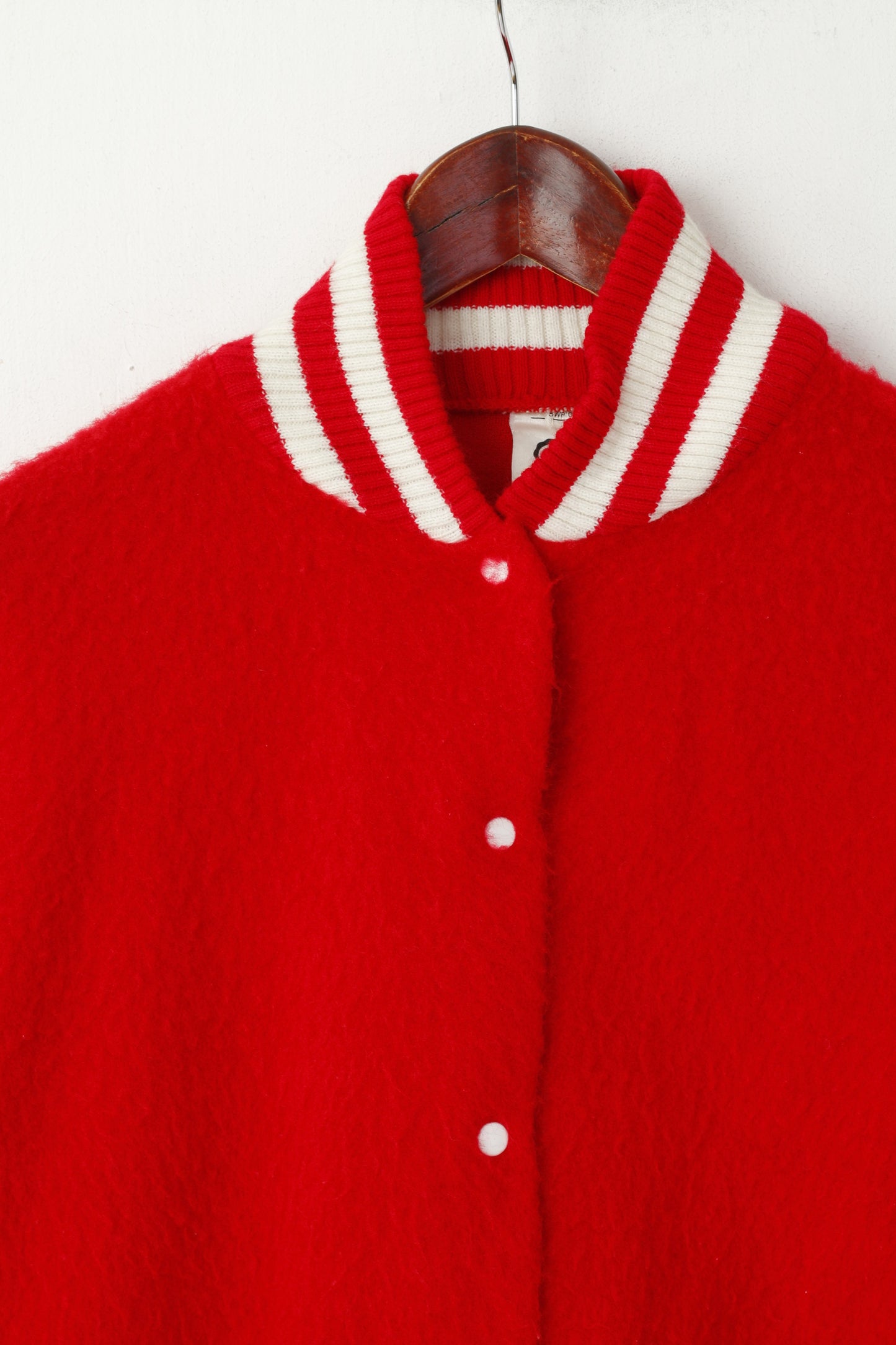 C&A Women M Sweatshirt Red Baseball Snap Button Fluffy Varsity Vintage Top