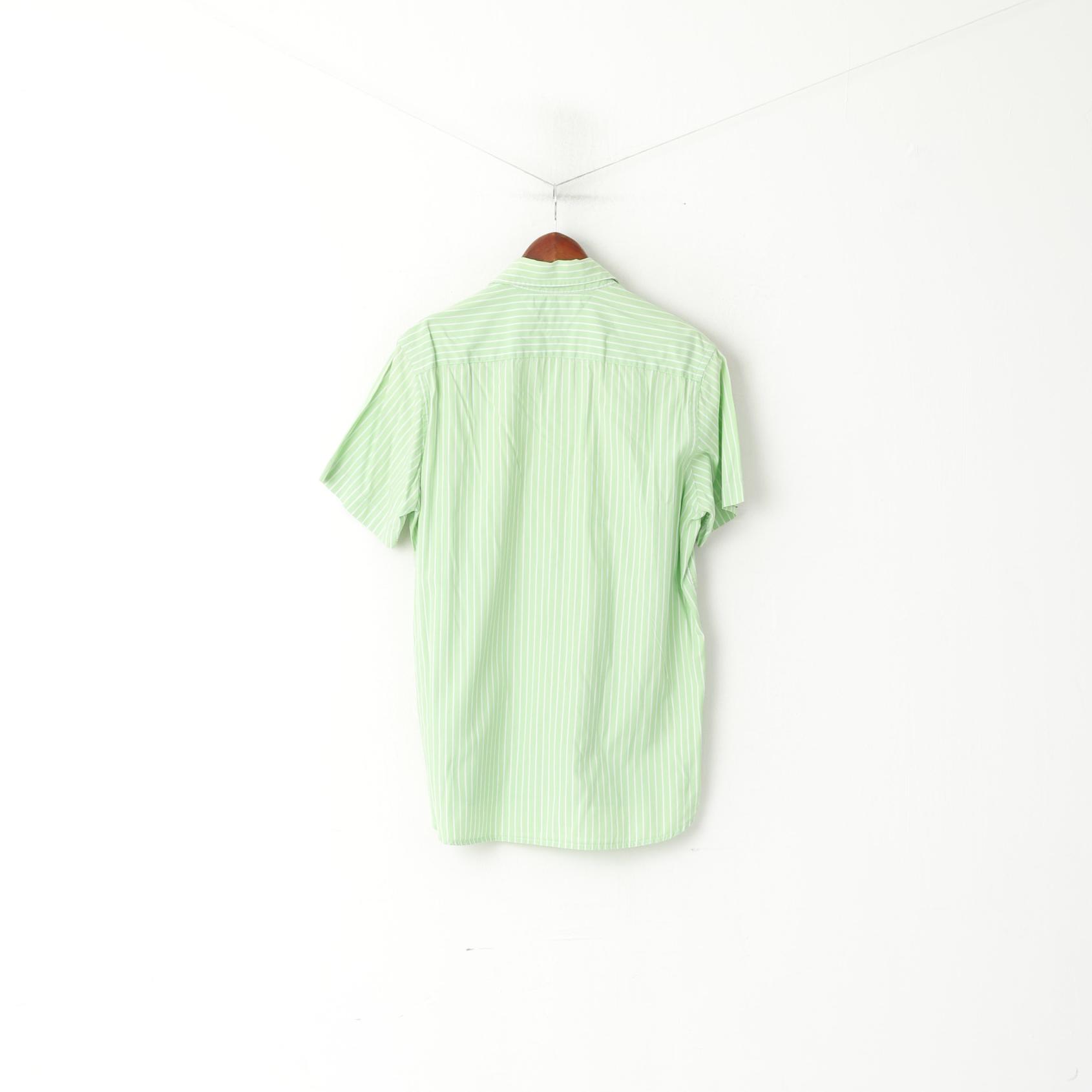 Tommy Hilfiger Men M Casual Shirt Green Cotton Striped Short Sleeve Top