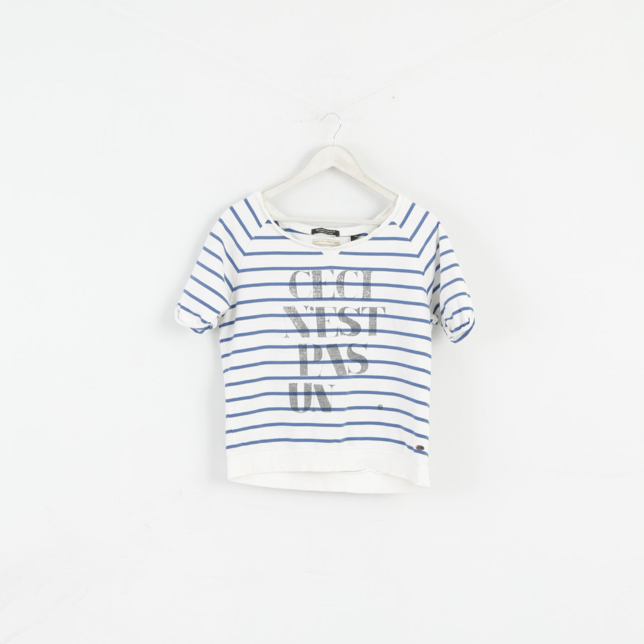 Maison Scotch Women 2 S Blouse White Blue Striped Cotton Short Sleeve Top
