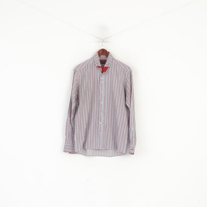 Guide London Men 41 16 M Casual Shirt Red Blue Striped Cotton Long Sleeve Top