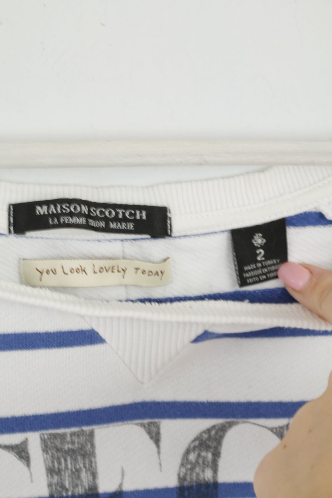 Maison Scotch Women 2 S Blouse White Blue Striped Cotton Short Sleeve Top