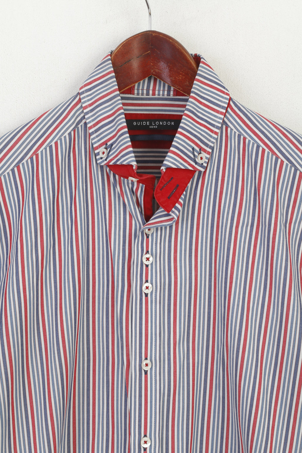 Guide London Men 41 16 M Casual Shirt Red Blue Striped Cotton Long Sleeve Top
