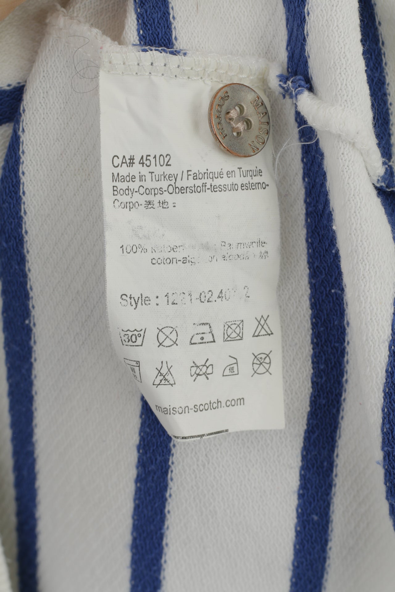 Maison Scotch Women 2 S Blouse White Blue Striped Cotton Short Sleeve Top