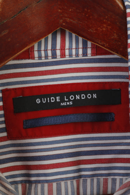 Guide London Men 41 16 M Casual Shirt Red Blue Striped Cotton Long Sleeve Top