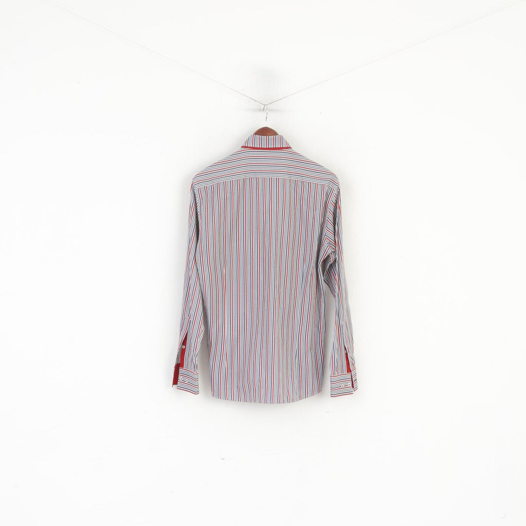 Guide London Men 41 16 M Casual Shirt Red Blue Striped Cotton Long Sleeve Top