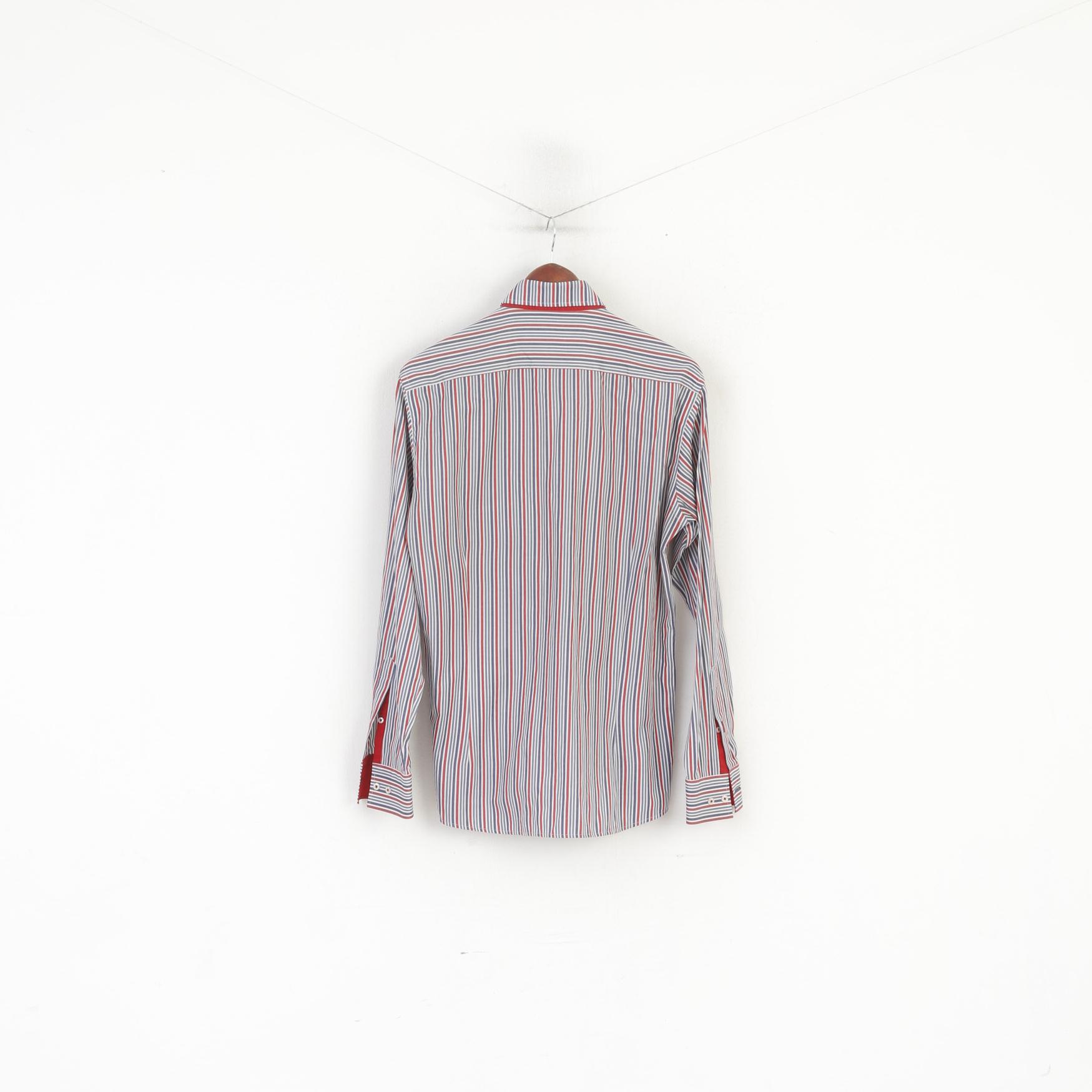 Guide London Men 41 16 M Casual Shirt Red Blue Striped Cotton Long Sleeve Top
