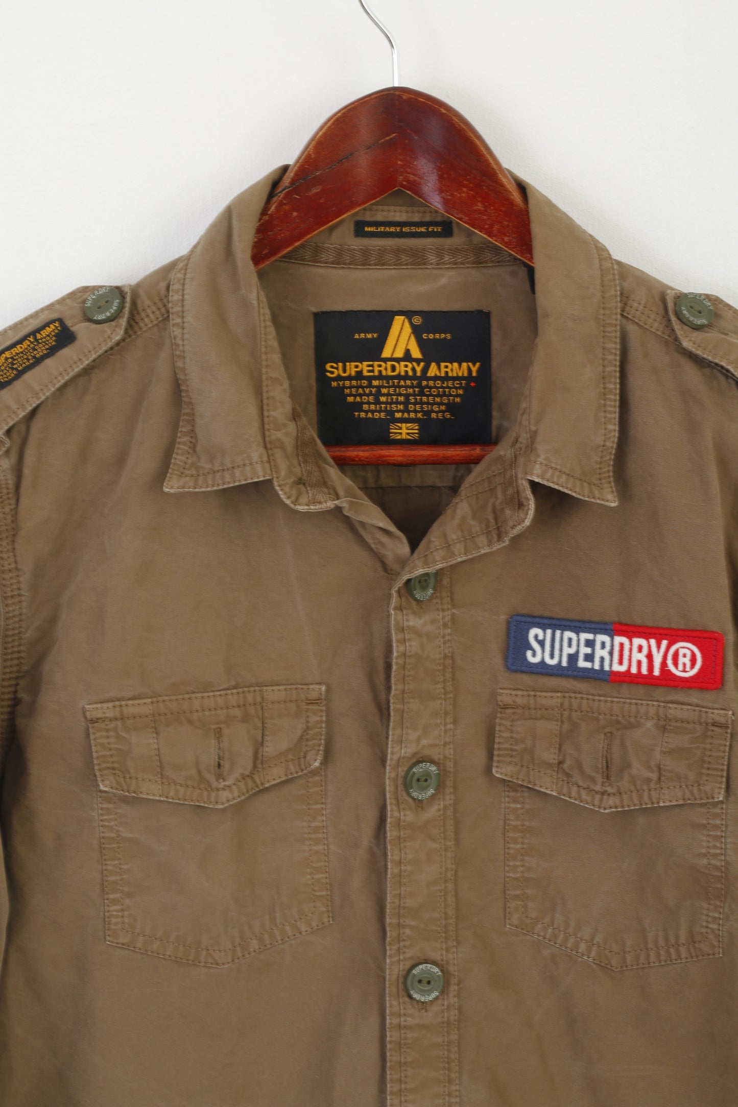 Superdry Army Men M Casual Shirt Khaki Cotton Military Fit Long Sleeve Top