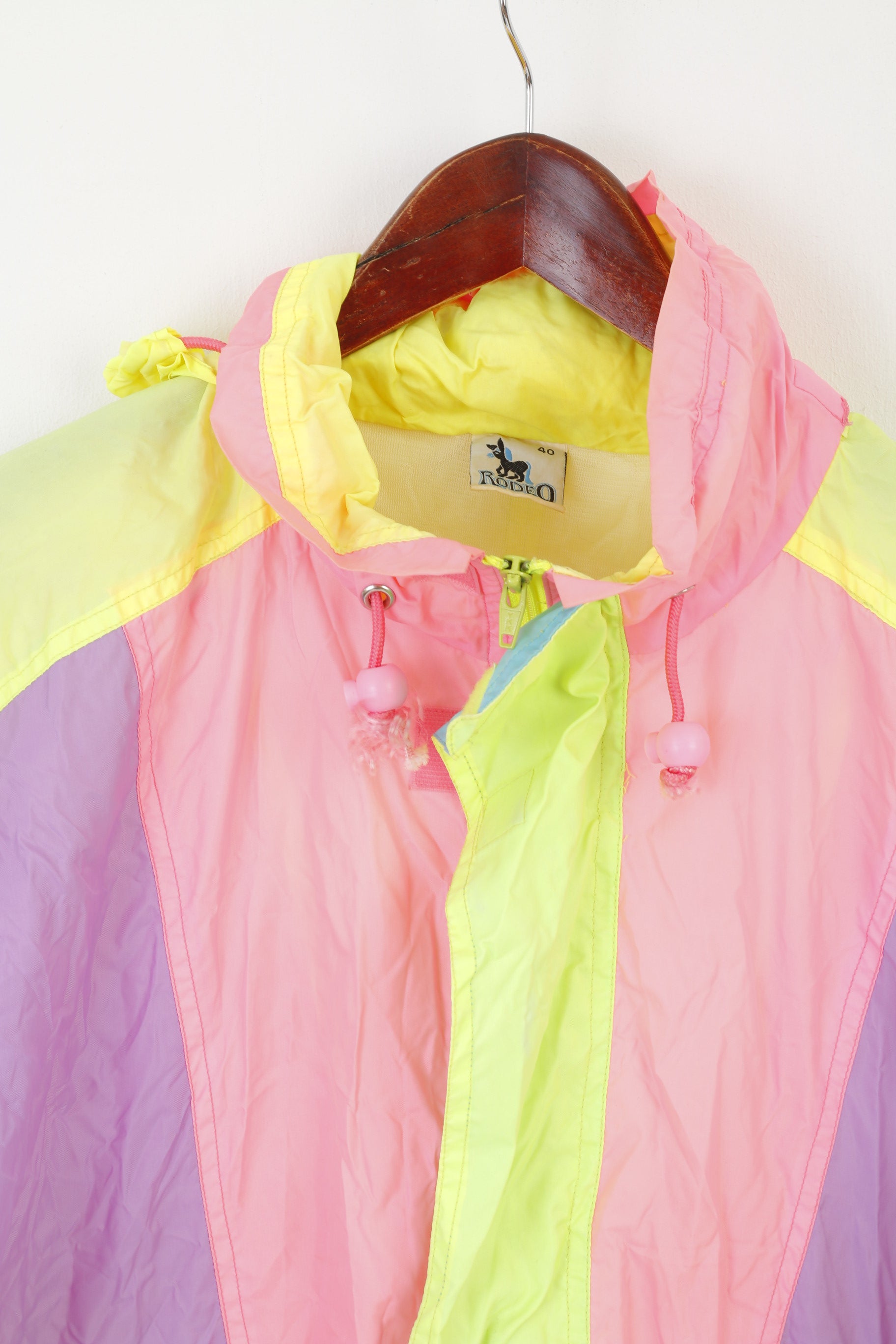 Rodeo by C&amp;A Giacca da uomo 40 M Vintage ripiegabile in nylon giallo neon impermeabile con cappuccio nascosto