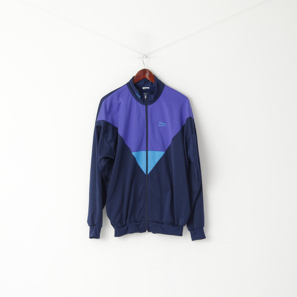 Felpa sportiva da uomo L, blu scuro, viola, vintage, sportiva, con cerniera intera, lucida, vecchia scuola