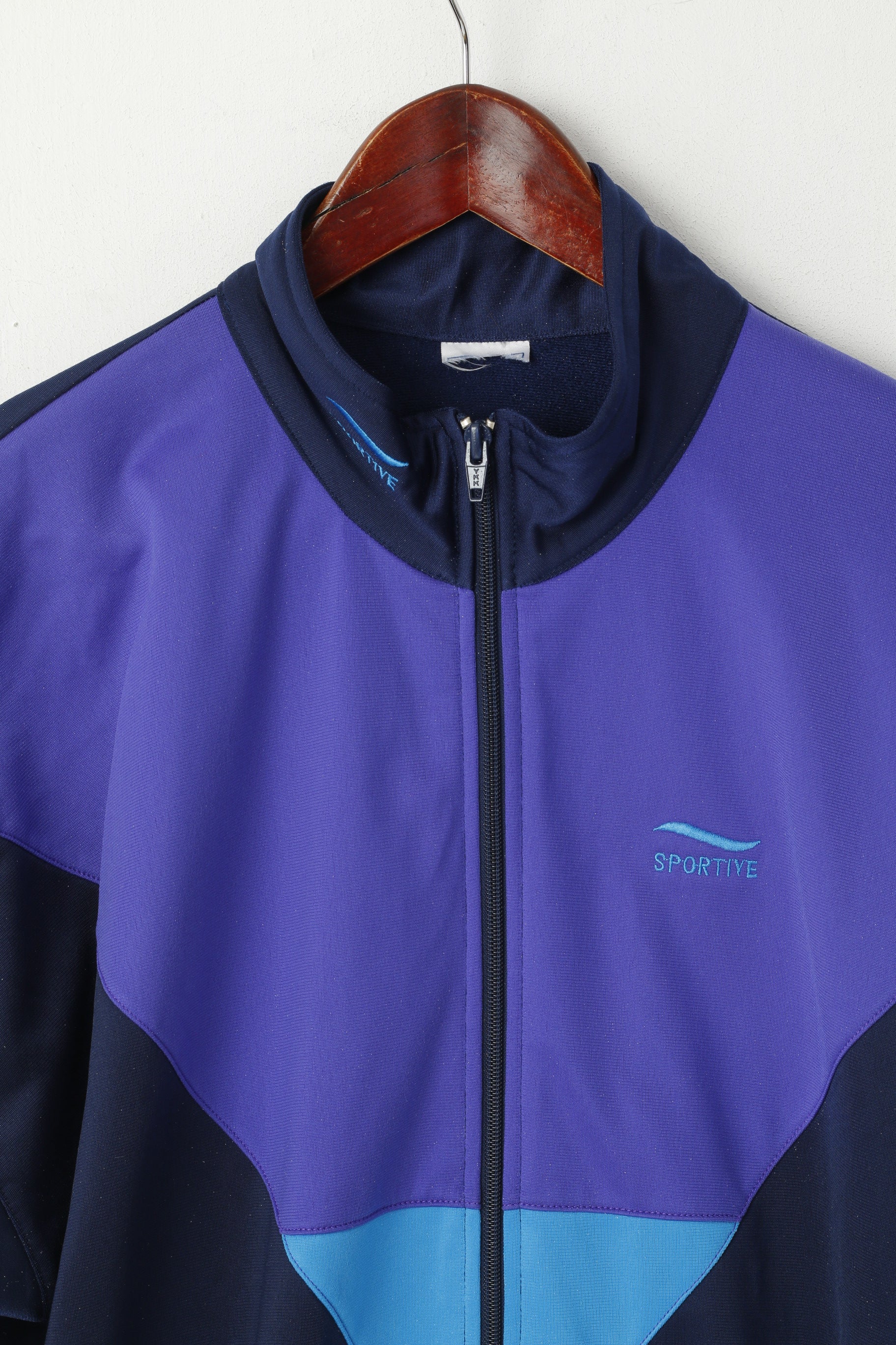 Felpa sportiva da uomo L, blu scuro, viola, vintage, sportiva, con cerniera intera, lucida, vecchia scuola