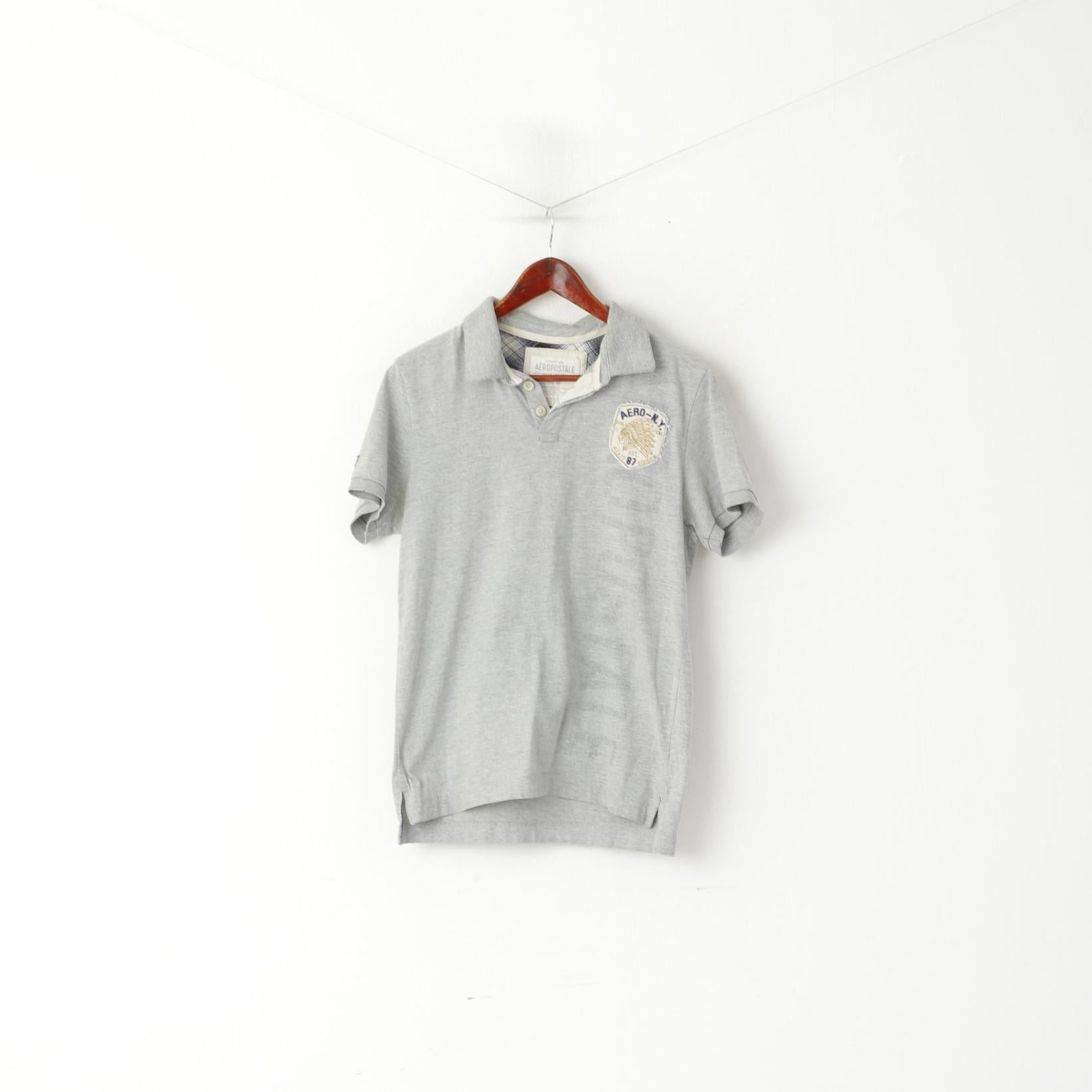 Aeropostale Men M Polo Shirt Grey Cotton 87 Division Vintage Detailed Buttons Top