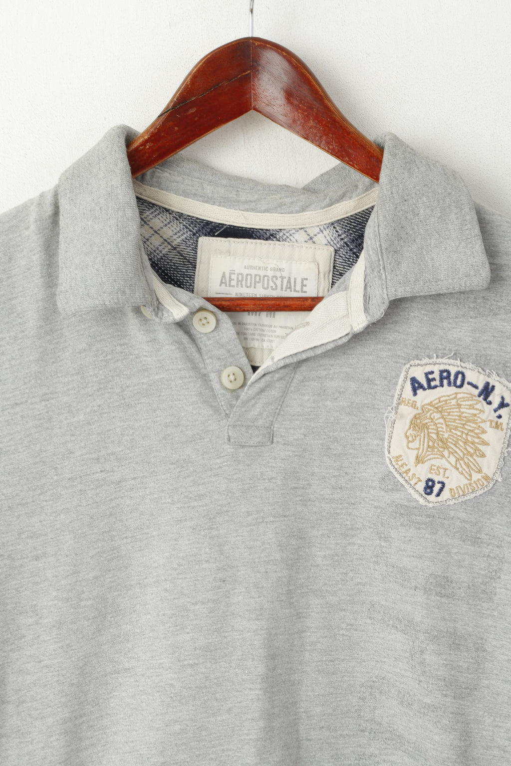Aeropostale Men M Polo Shirt Grey Cotton 87 Division Vintage Detailed Buttons Top