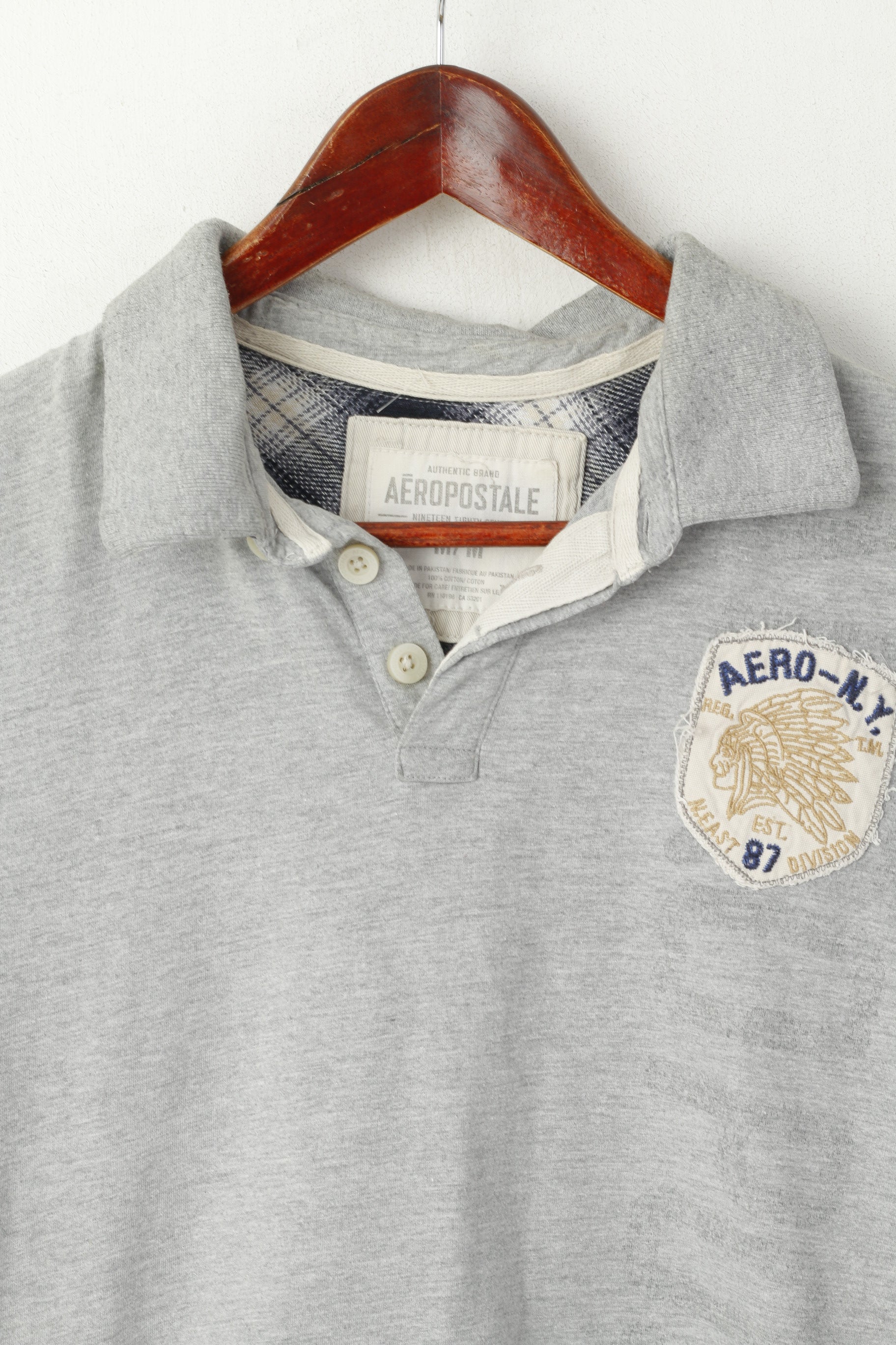 Aeropostale Men M Polo Shirt Grey Cotton 87 Division Vintage Detailed Buttons Top