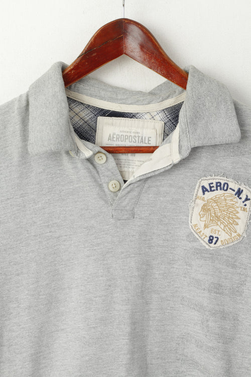 Aeropostale Men M Polo Shirt Grey Cotton 87 Division Vintage Detailed Buttons Top