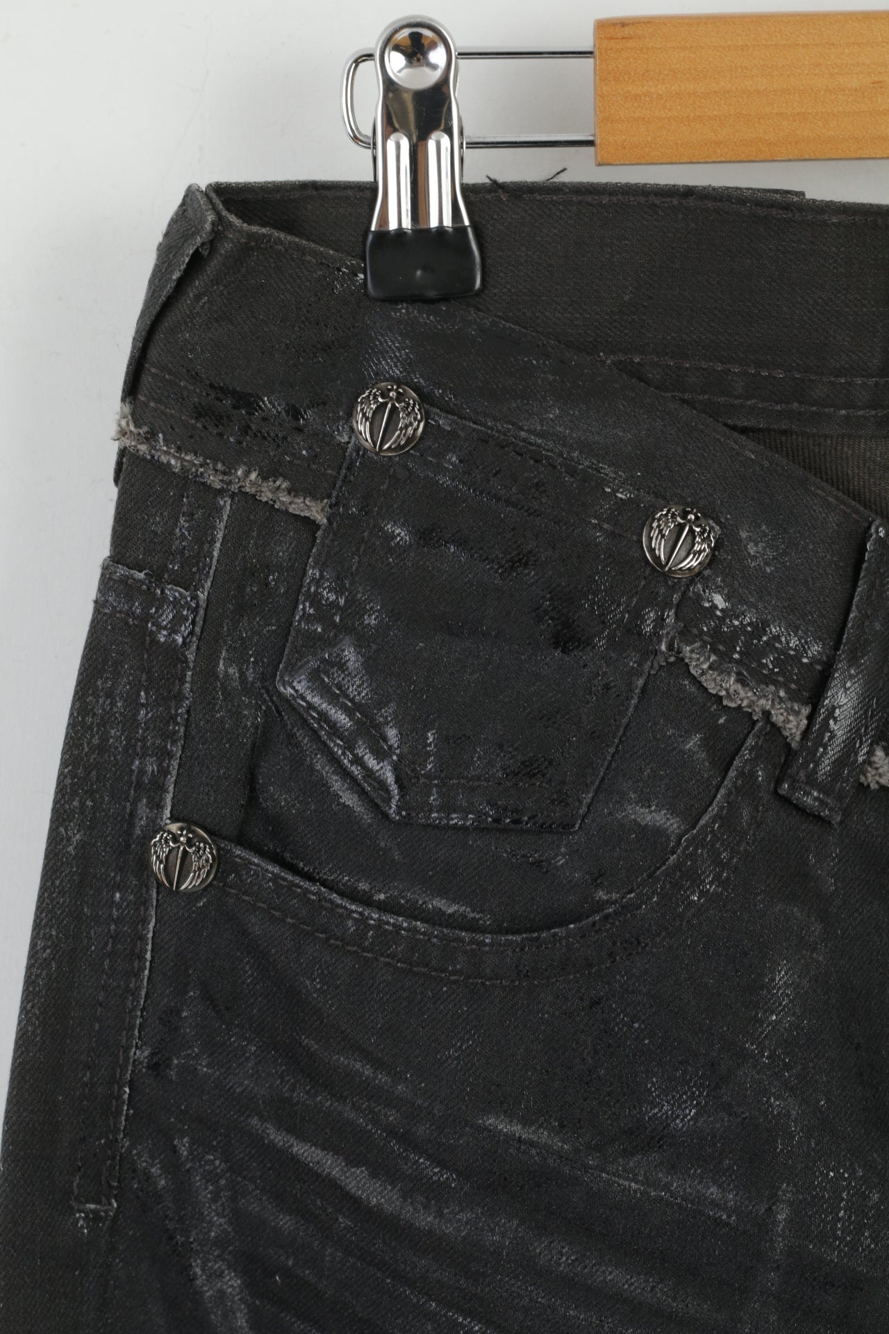 New Faith Women 30 Trousers Black Shiny Jean Cobain Icedenim Cotton Gothic Pants