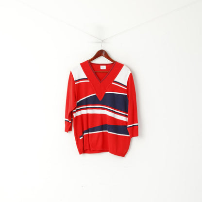 Rade Strick Women 46 L Jumper Red Vintage Striped V Neck Cotton 3/4 Sleeve Top