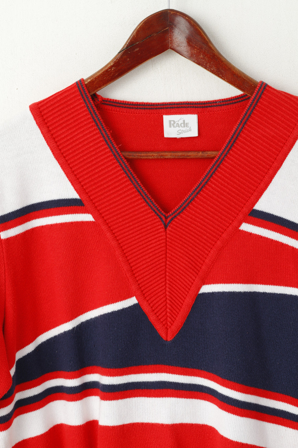 Rade Strick Maglione da donna 46 L Rosso Vintage a righe con scollo a V in cotone con maniche a 3/4